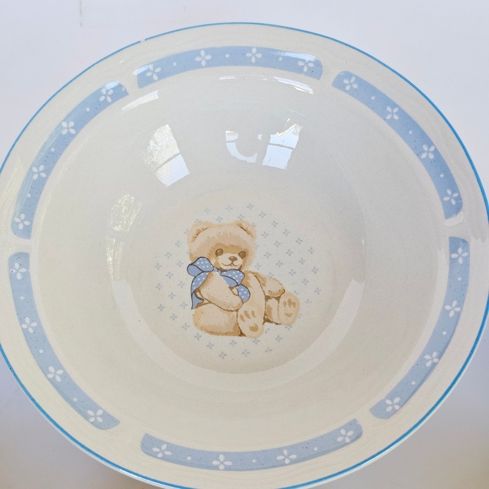 Vintage Tienshan Stoneware Teddy Bear Cereal Bowls Set of 6 Blue Nursery Kitsch - Picture 10 of 15